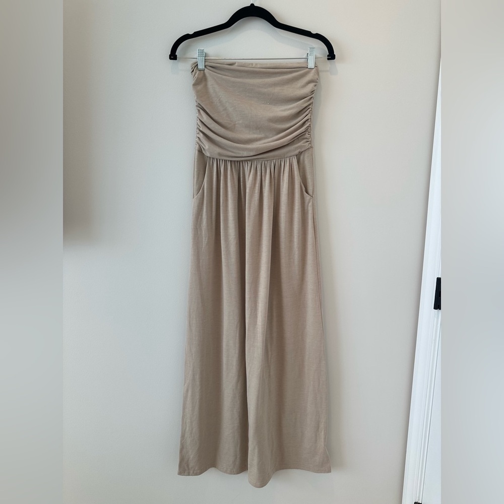 Women’s Strapless Ruched Maxi Dress Jersey Knit Brown Resortwear Desert Scandi